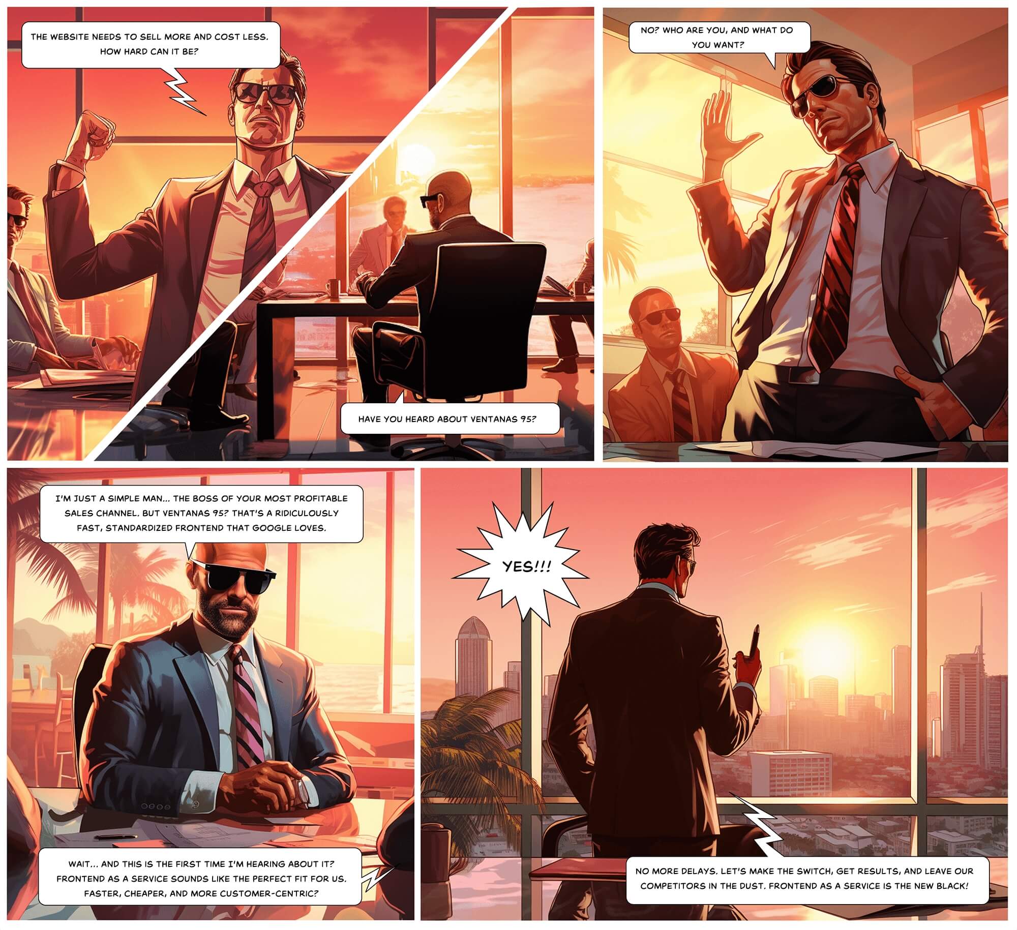 A comic introducing Ventanas 95 as the frontend for a faster, more profitable eCommerce business.