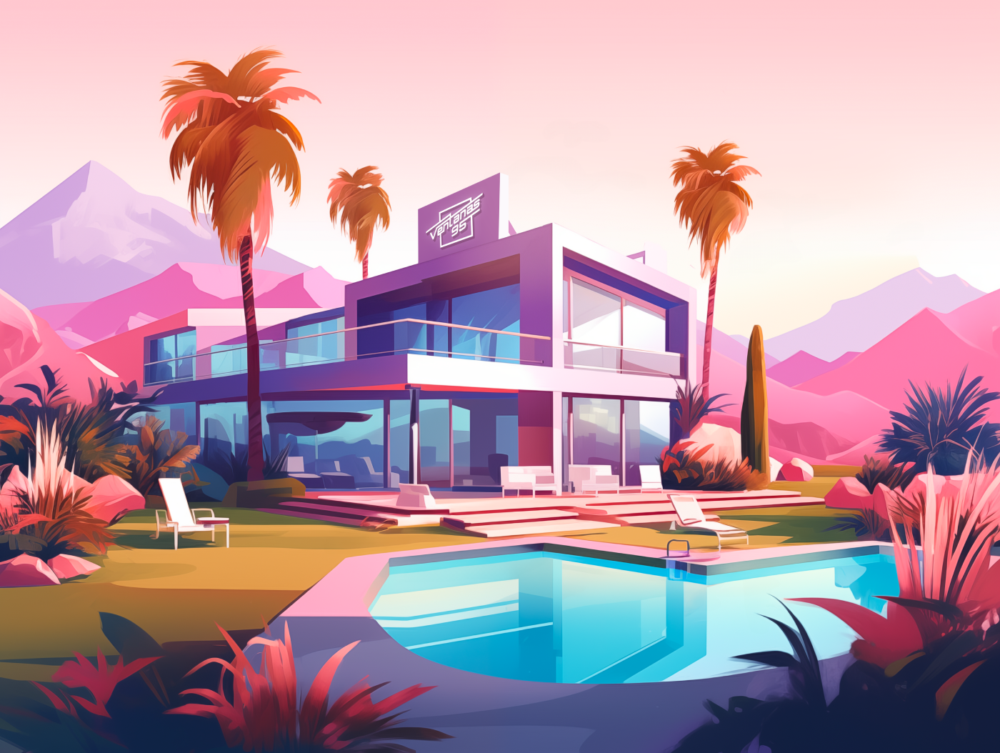 Illustrated Ventanas 95 house with a swimming pool and palm trees